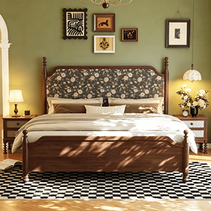 Traditional Upholstered Wooden <b>Bed</b> <b>Frame</b> Queen Size Fabric Headboard Soft <b>Bed</b> Mahogany Wood Design - Product Image 1