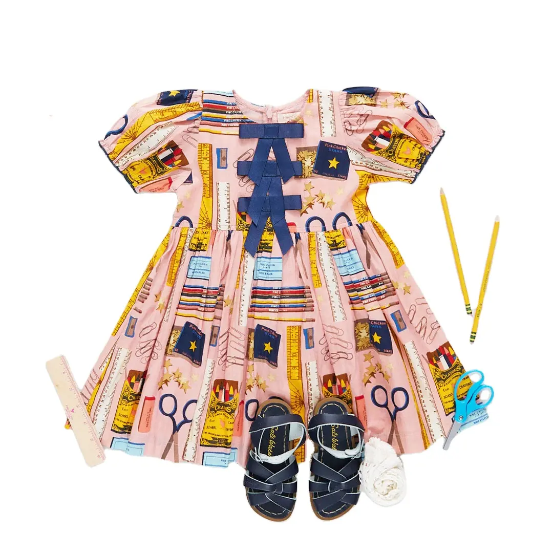 Nuevo traje de regreso a la escuela para niños, vestidos de verano con estampado de bolígrafo y libro para niñas