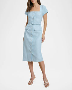 Robe de travail de bureau moulante à col carré, manches courtes, boutonnée sur le devant, avec ceinture et poches, en lin/coton, personnalisable OEM - Product Image 1
