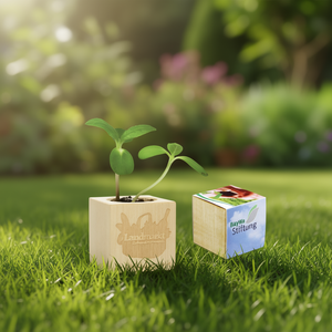 Fioriera Cubo in Legno Landmarkt con Logo Baywa Stiftung per Semenzali - Product Image 3