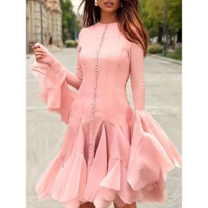 Bahar Yeni Bayan Kısa Abiye Elbise Moda Uzun Kollu Yüksek Bel Balo Elbisesi Lüks Yuvarlak Yaka Fırfırlı Kadın Elbiseleri - Product Image 1