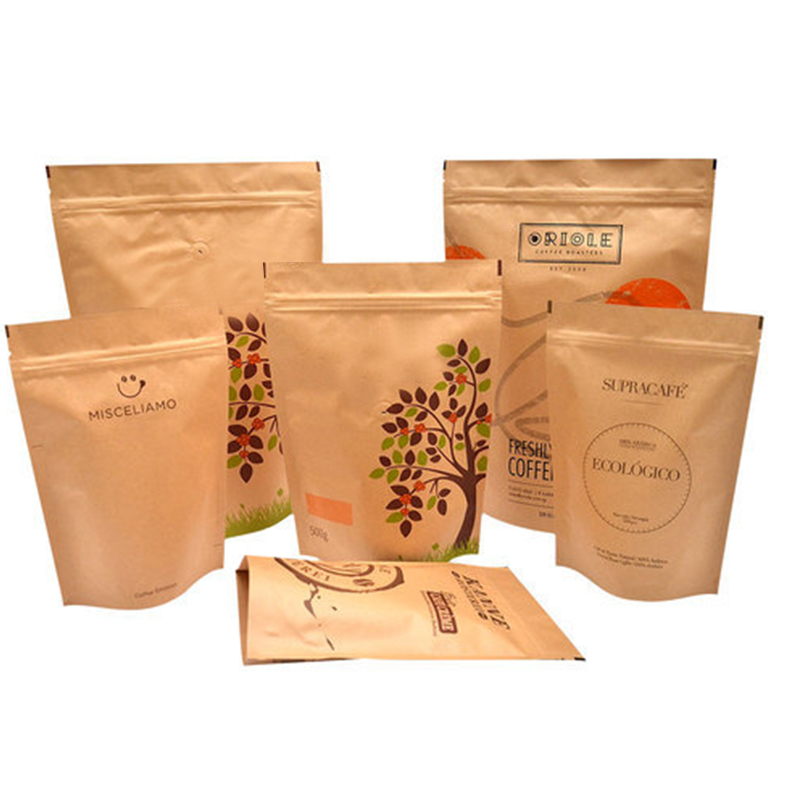 Aluminum Foil Lined Kraft Paper Square Block Bottom Coffee One-Way Valve Packing Bag With Zipper