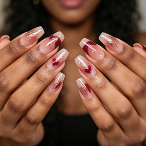 YZ 76 Automne/Hiver Ongles artificiels à couverture complète, faits main, à porter, avec motif cœur en feuille d'or français blanc pâle et rouge, pour le Nouvel An - Product Image 5
