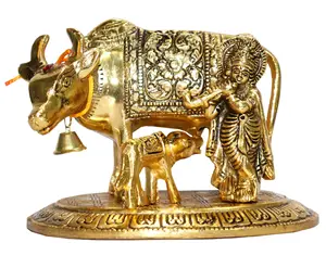 Top Trendy Popular Antique Religious Sculpture Engraved Brass Statue of Lucky Indian Nandi Cow Handicraft Indian Manufacturer