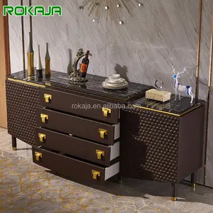 Luxury Leather Sideboard Foyer Entry Cabinet Marble Chest Of Drawers Indian Designer Villa Manor Furniture