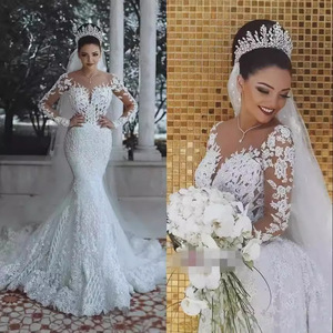 Mermaid Lace Wedding Dress V-Neck Long Sleeve White Floral Print Bridal Gown With Train - Product Image 3