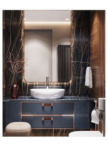 Mueble de baño moderno minimalista con encimera de losa de roca, lavabo cerámico, espejo con iluminación inteligente y gabinete de almacenamiento. - Product Image 3