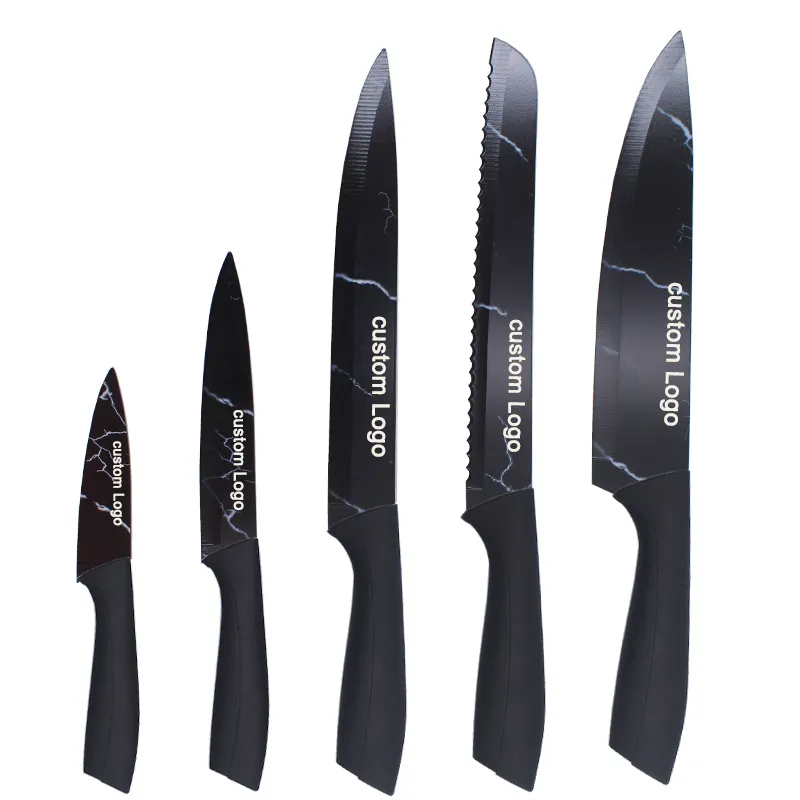 hot selling customized black marble coated blade with PP handle kitchen stainless steel chef knife set