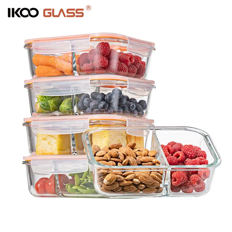 IKOO OEM/ODM Airtight Food Container Glass Lunch Box Set With Compartment To Storage Food Sauce And Food Material