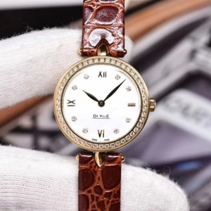 Reloj de cuarzo estilo Deville para mujer, tono dorado, bisel con diamantes, esfera blanca, números romanos, correa de cuero marrón, elegante reloj de pulsera Omegaes - Product Image 1