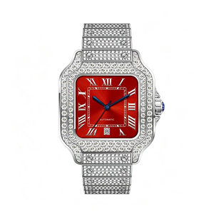 Montre carrée unisexe de luxe en acier inoxydable, cadran violet, incrustée de diamants, analogique, date, fermoir pliant - Product Image 6