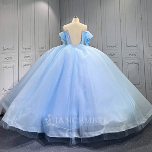 Vestido de Quinceañera Azul Cielo Largo hasta el Suelo con Escote Corazón y Cola Capilla para Fiesta de 15 Años LSMU189 - Product Image 2