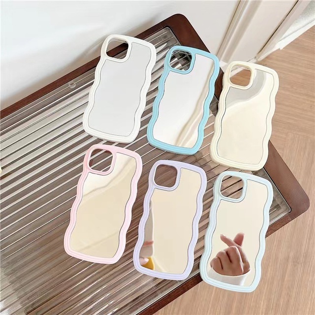 2IN1 Mirror Wave Frame Women Makeup Phone Case for iPhone 11 12 13 14 Pro Max 7 8 Plus Fashion Shockproof Bumper Back Cover