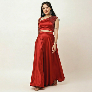 Elegant <b>Red</b> Satin One Shoulder Embroidered <b>Crop</b> <b>top</b> and Sharara Set Evening Dress Solid color Handmade Beads work - Product Image 1