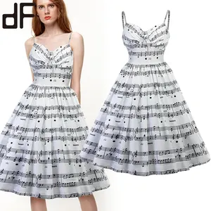 Bán Buôn Sự Kiện Dresses Phụ Nữ Bên Dễ Thương Ăn Mặc Phong Cách Hàn Quốc Spaghetti Dây Đeo Biểu Tượng Âm Nhạc In Midi Dài Elegant Prom Dresses