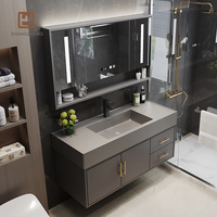 Meuble-lavabo mural double couche silencieux avec miroir lumineux pour salle de bain et buanderie, en bois