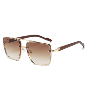 レトロフレームレスメタルスクエアサングラスUV400カスタムロゴ木目調ダブルブリッジパイロットサングラス男女兼用 - Product Image 3