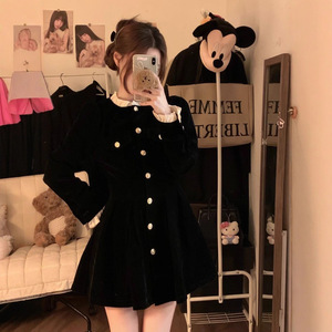 French Style Cute Black Dress Women Peter Pan Collar Tight Waist Short Skirt Daily Casual Polyester Fabric - Product Image 1