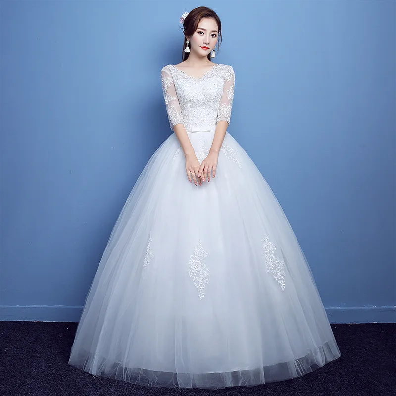 2024 Korean Style Plus Size Wedding Dress, Slimming Long Sleeve Ball Gown  in White, Perfect for Bridal Elegance, Floor-Length