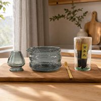 Ensemble de bols à matcha en verre transparent gris avec gravure laser, design texture pierre et glaçure, avec fouet et cuillère en bambou, accessoires pour le thé