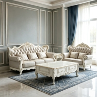 Europäisches Klassisches Geschnitztes Massivholz-Sofa-Set Luxuriöses Echtleder Wohnzimmer Villa Heim-Möbel Sofa