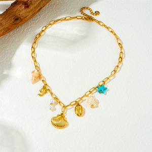 Collar <span class=keywords><strong>de</strong></span> Acero Inoxidable con Baño <span class=keywords><strong>de</strong></span> Oro <span class=keywords><strong>de</strong></span> 18K, Resistente al Deslustre, con Múltiples Dijes <span class=keywords><strong>de</strong></span> Conchas, Estrellas <span class=keywords><strong>de</strong></span> Mar, Tortugas, Peces y Perlas, para Mujer - Product Image 4