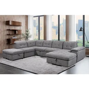 Di fascia alta di lusso grigio chiaro a forma di U mobili soggiorno divano reclinabile divano schienale divano letto con pouf con contenitore