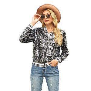 Bling personnalisé brillant paillettes scintillantes femmes Sequin à manches longues fermeture éclair Bomber veste filles Sequin manteau fête haut carnaval Costume - Product Image 3