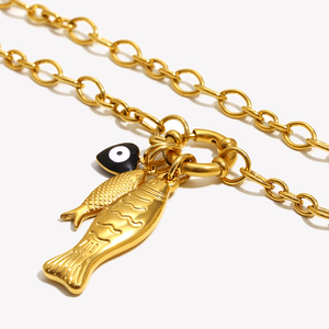 Collier à breloques en plaqué or Dreamidea Fish & Evil Eye Symbole protecteur Design avec double pendentifs en forme de poisson Bijoux tendance 2025 - Product Image 5