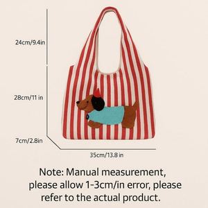 กระเป๋าผ้าแคนวาสลายทางปักลายสุนัขน่ารัก กระเป๋าถือสะพายไหล่ใบใหญ่สำหรับผู้หญิง ฤดูร้อน ช้อปปิ้ง ท่องเที่ยว ชายหาด วันหยุดสุดสัปดาห์ - Product Image 5