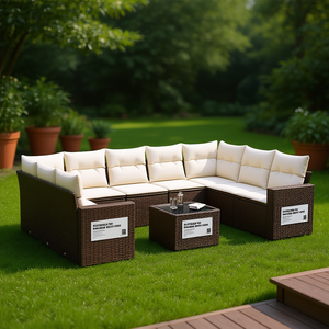 Conjunto de Sofá de Jardín de Ratán Sintético Marrón con Cojines Blanco Crema, Muebles de Exterior de 6 Plazas, Diseño Contemporáneo - Product Image 2