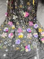 Tulle polyester multicolore fait main avec broderie 3D florale et fils multicolores, tissu garni de dentelle