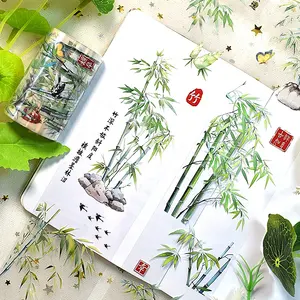 1pc 2m/roll Ancient Landscape Green Bamboo and Flowers Transparent PET Tape For Journal DIY Craft Stationery