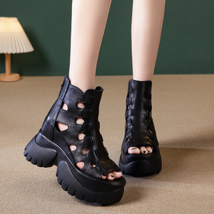 Kadın deri Roma sandaletleri, yaz stili, arkada fermuarlı, kalın tabanlı, boy uzatan, 9CM ultra yüksek topuklu dolgu topuk ayakkabılar - Product Image 3