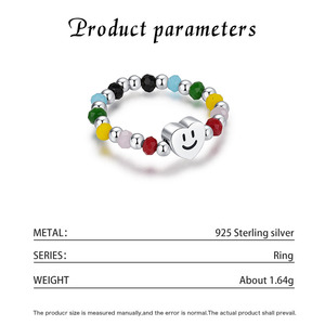 S925 Silver Cute Heart Smile Face Beaded <b>Ring</b> With Colorful <b>Crystal</b> Stones Unisex Everyday Wear Rainbow Smiley Beaded <b>Ring</b> - Product Image 2