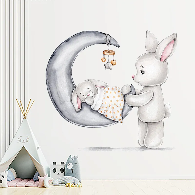 Sleeping Rabbit Baby Wall Stickers Living Room Cartoon Decals Creative Kid's Bedroom Wallpaper Children's Decorative Murals