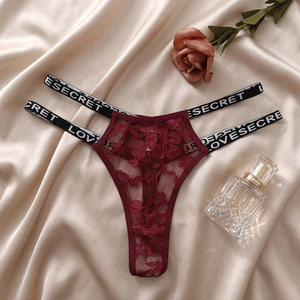Tanga de encaje floral para mujer con letras impresas, tiras finas múltiples, malla transparente, diseño hueco, cintura baja, sexy, lencería OEM ODM - Product Image 4