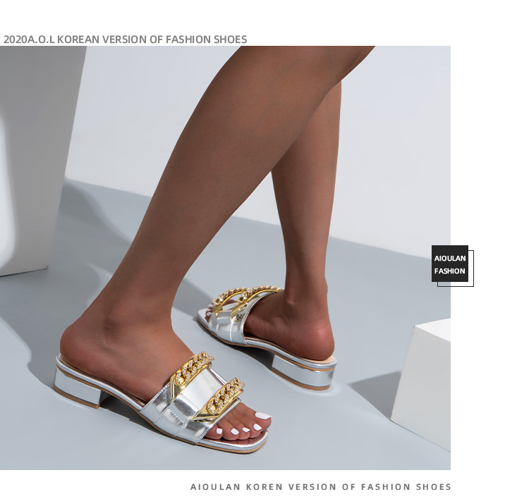 Ladies Fashion Slipper Shoes Rhinestone Chain Low Heel Sandals for Women