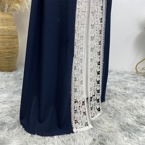1498# Elegant Navy Front Open <b>Abaya</b> Pretty Floral White Lace Long Sleeve <b>Abaya</b> Long Robe for Muslim Women 2XL 3XL Limited - Product Image 4