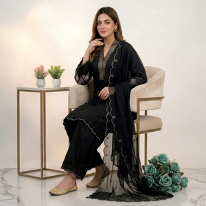 Conjunto de 3 Piezas de Salwar Kameez Pakistaní Bordado en Negro para Mujer, Traje Tradicional Holgado de Largo Completo para Uso Casual - Product Image 4