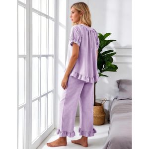 Womens Striped Pajama Set 2 Piece Cotton Short Sleeve Button <b>Down</b> Top Long <b>Pants</b> With Pockets Soft Sleepwear Lounge Wear - Product Image 4