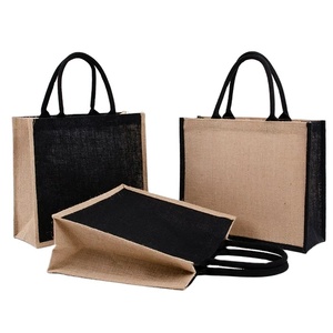 Sacs fourre-tout personnalisés en jute noir pour femmes avec poignée, pour broderie, artisanat DIY, impression et décoration - Product Image 1