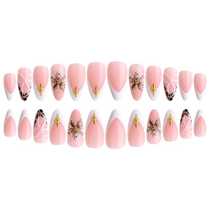 Autocollants pour ongles en forme de fleur 3D longue et en forme d'amande, très vendus, ongles portables en rose avec nœud et imprimé léopard - Product Image 4