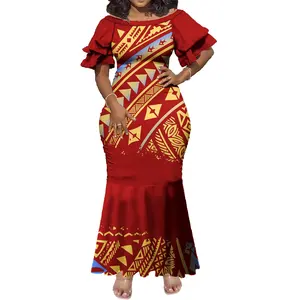 Red Double Layer Sleeve Polynesian Women Clothing Plus Size Dress Island Tribal Elegant Casual Samoan Puletasi Mermaid Dress