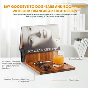 Acacia Wood Triangle Book Stand with Cup Pen <strong>Glasses</strong> Phone <strong>Holder</strong> Foldable Portable Smart Design for Bedroom <strong>Nightstand</strong> Office - Product Image 3