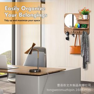 Wall Mounted Wooden Coat Rack With Mirror And <b>Shelves</b> Multi Purpose Storage For Entryway Bedroom <b>Hooks</b> Organizer - Product Image 4