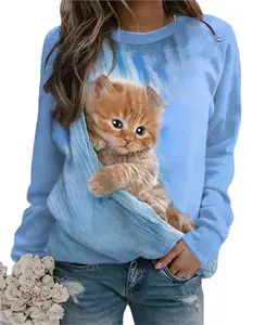 2023 spring and summer animals loose cats 3D digital print long-sleeved round neck sweater women