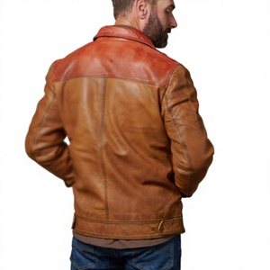 Veste en cuir véritable pour homme, col rabattu, fermeture éclair sur le devant, couleur unie, style motard, vêtement d'automne - Product Image 6