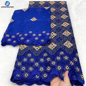 Offre Spéciale : Tissus en Coton Africain Bleu avec <span class=keywords><strong>Foulard</strong></span> Assorti Ornés de Pierres, Magnifique Dentelle Suisse en Voile et Tissus Doux pour Foulards de 2 Yards - Product Image 1