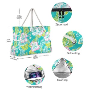 Portable Summer Oversized Flower Custom Print Nylon Fabric Women Waterproof Pool Tote Zip Closure Beach Bag With Rope Handle - Product Image 6